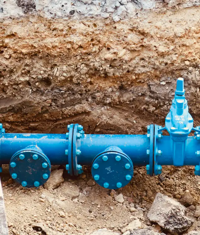 New sewer pipe laid in an open trench during an underground line repair